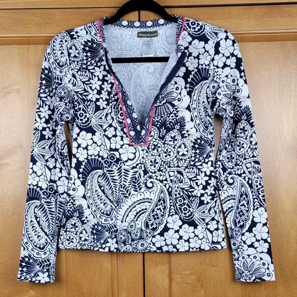 Tommy Bahama Paisley Paradise Navy & White Half Zip Rash Guard Swim Shirt - XS - Picture 3 of 10
